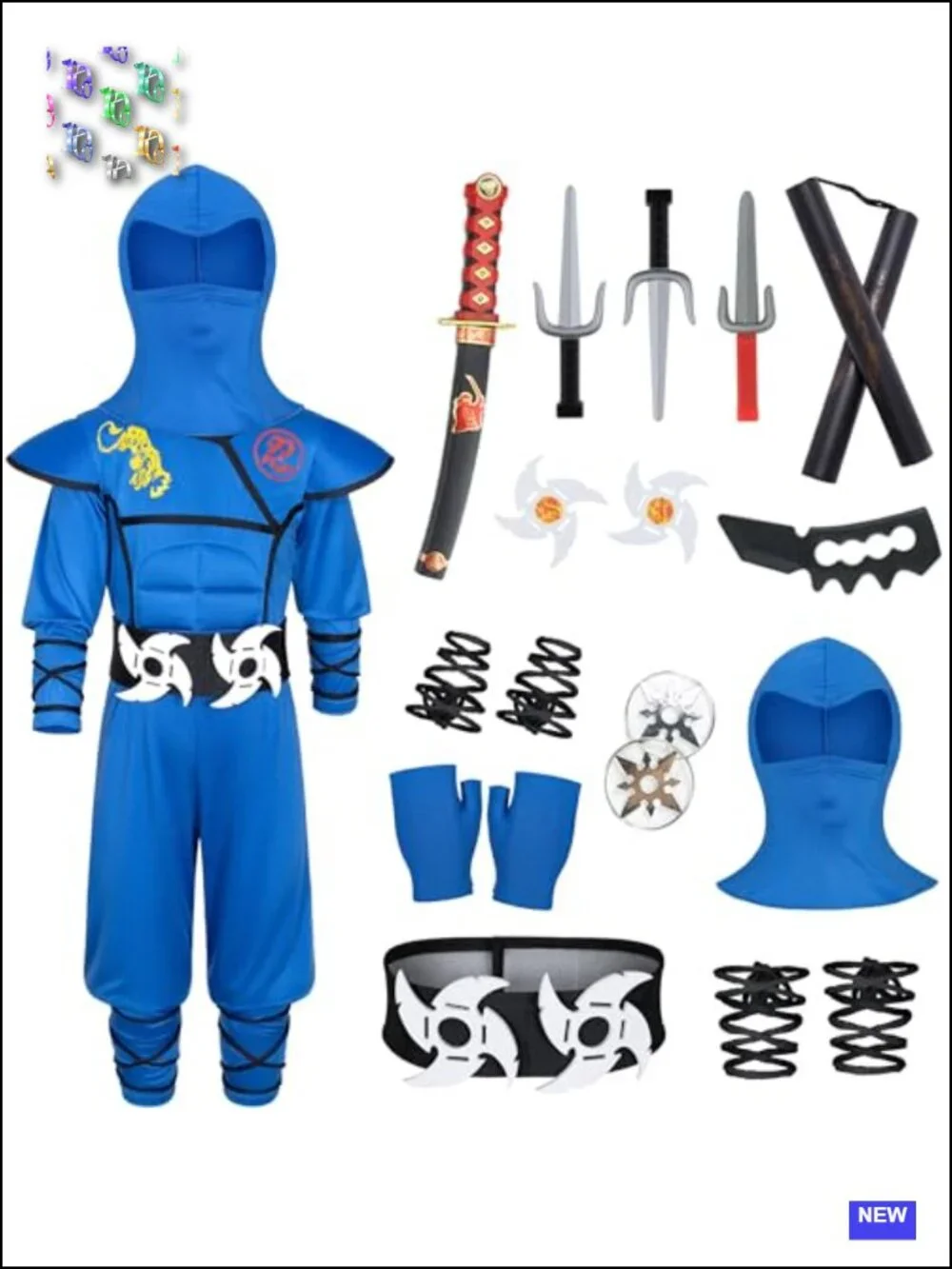 Kids Ninja Costume Set with Muscle Jumpsuit, Mask & Toys - Halloween Dress Up
